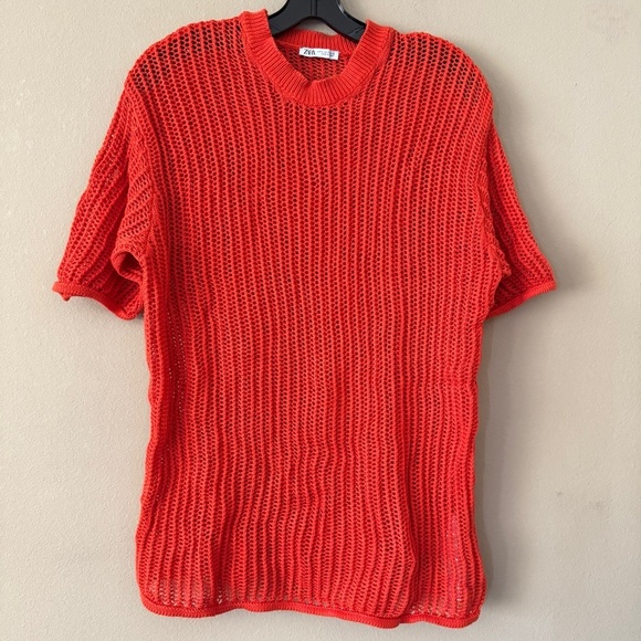 Zara Red Orange Cotton Crochet Short Sleeve Top Size S - Picture 2 of 7